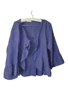 W Made In Italy 100% Linen Tie Front Jacket Boho Ruffle 3/4 Bell Sleeves L